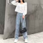 Long-sleeve Square Neck Blouse / High Waist Distressed Straight Leg Jeans