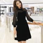 Long-sleeve Mesh Panel Mini A-line Velvet Dress