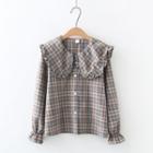 Long-sleeve Plaid Frill Trim Blouse Gray - One Size