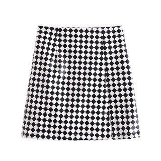 Checkerboard Faux Leather Mini A-line Skirt
