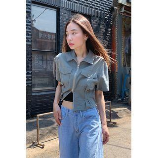 Collared Pintuck Cropped Zip-up Jacket