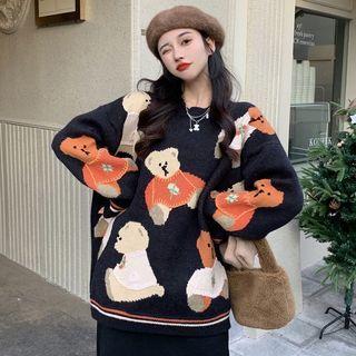 Bear Print Loose-fit Sweater Dark Blue - One Size