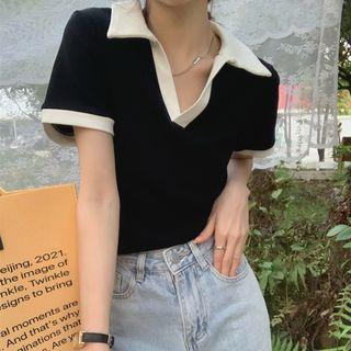 Short-sleeve Color Block Polo Collar Cropped Top