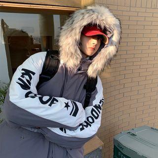 Fluffy Trim Lettering Hooded Padded Jacket