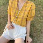 Elbow-sleeve Plaid Buttoned Shirt