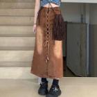 High-waist Washed Lace-up Denim Maxi Skirt