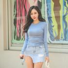 Long-sleeve Shirred Slim-fit T-shirt