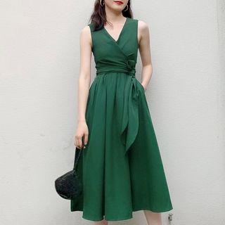 Plain V-neck Sleeveless Midi A-line Dress