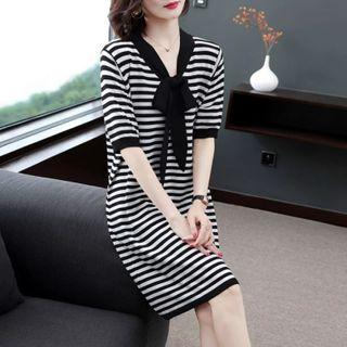 Elbow-sleeve Tie-neck Shift Dress