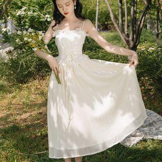 Spaghetti Strap Lace Trim Midi A-line Dress / Cardigan