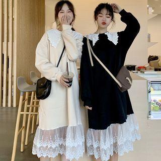 Long-sleeve Lace Panel Midi Pullover Dress