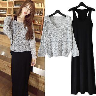Set: Pointelle Knit Sweater + Midi Tank Dress