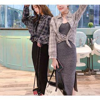 Set: Plaid Shirt + Strappy Sheath Midi Dress