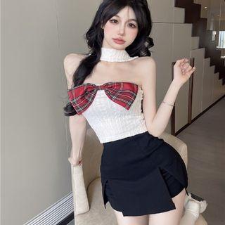 Halter-neck Bow Accent Tube Top / Mini Pencil Skirt