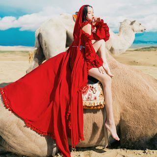 Set: Hooded Cape + Ruffle Cold-shoulder Irregular Hem Maxi A-line Dress + Waist Chain