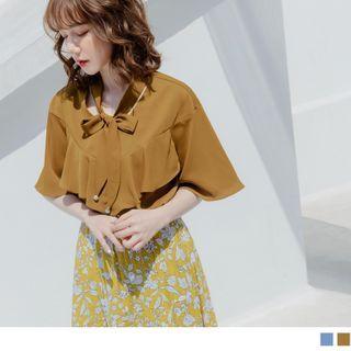 Tie-neck Ruffle Trim Beaded Chiffon Blouse