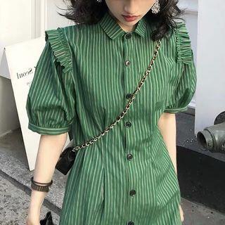 Elbow-sleeve Pinstriped Mini A-line Dress