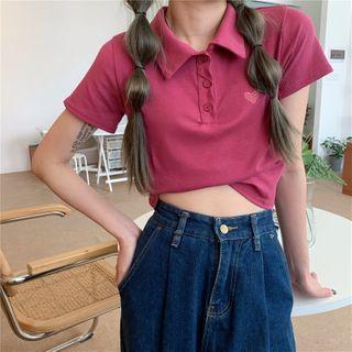 Short-sleeve Heart Embroidered Collared T-shirt