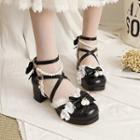 Bow Accent Strappy Ruffle Block Heel Sandals