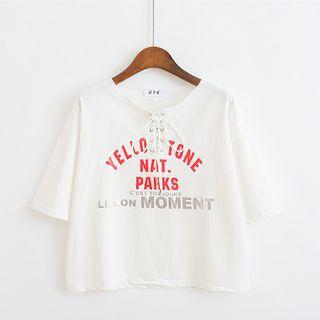 Lace-up Elbow-sleeve Cropped T-shirt