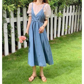 Puff-sleeve Blouse / V-neck Denim Midi Dress