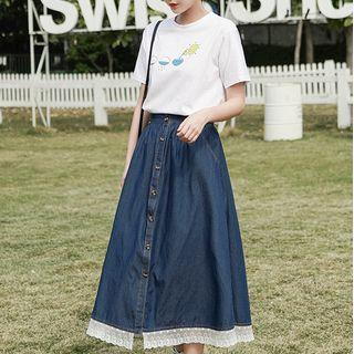 Short-sleeve Print T-shirt / Lace Trim Denim Midi A-line Skirt / Set