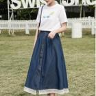 Short-sleeve Print T-shirt / Lace Trim Denim Midi A-line Skirt / Set