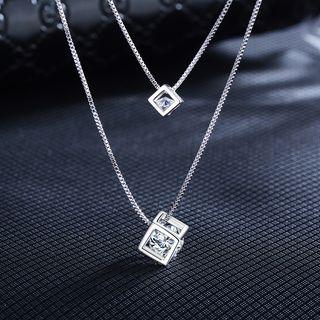 Caged Rhinestone Pendant Layered Necklace Platinum - One Size