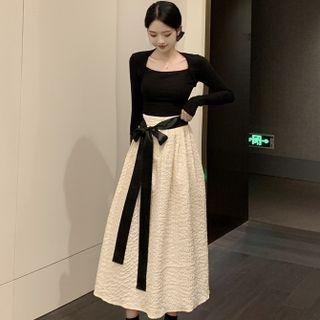 Long-sleeve Square Neck Plain T-shirt / Tie-strap Midi A-line Skirt