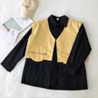 Set:plain Sleeveless Jacket + Plain Single-breasted Long-sleeve Blouse Black - One Size