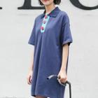 Elbow-sleeve Mini Polo Dress Blue - One Size