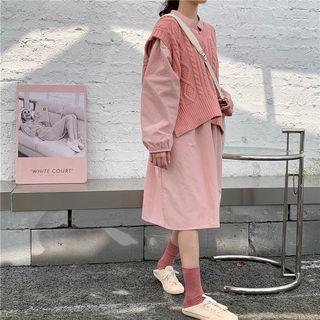 Long-sleeve Midi Dress / Cable-knit Vest