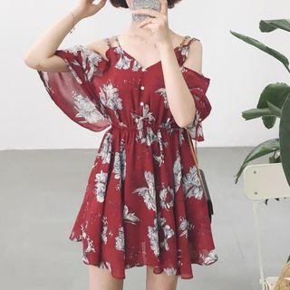 Floral Print Cold Shoulder Elbow-sleeve Dress