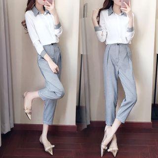Set: Gingham Collar Long-sleeve Shirt + Cropped Dress Pants