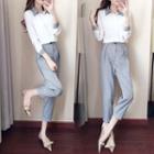 Set: Gingham Collar Long-sleeve Shirt + Cropped Dress Pants
