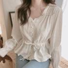 Plain V-neck Tie-waist Long-sleeve Blouse