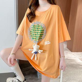 Elbow-sleeve Bear Accent Oversized T-shirt