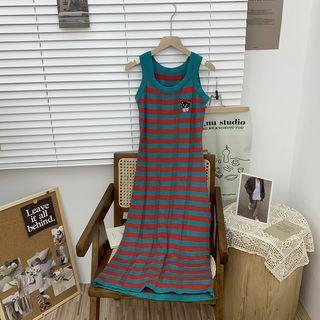 Embroider Striped Skinny Dress Red - One Size