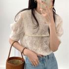 Collared Puff-sleeve Lace Blouse Almond - One Size