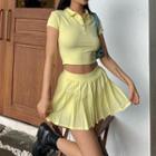 Set: Short-sleeve Knit Cropped Polo Shirt + Mini Pleated Skirt