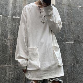 Front Pocket Long-sleeve Round Neck T-shirt