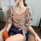 Elbow-sleeve Floral Print Wrap Blouse