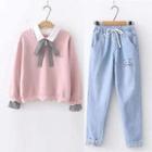Mock Two-piece Collar Sweatshirt / Cat Embroidered Tapered Jeans / Set