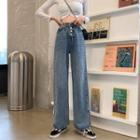 High-waist Buttoned Split Straight-leg Jeans