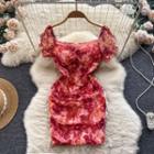 Short-sleeve Square-neck Floral Ruched Dress