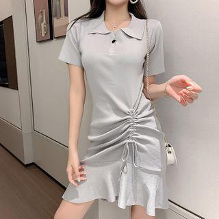 Short-sleeve Drawstring Mini A-line Knit Polo Dress