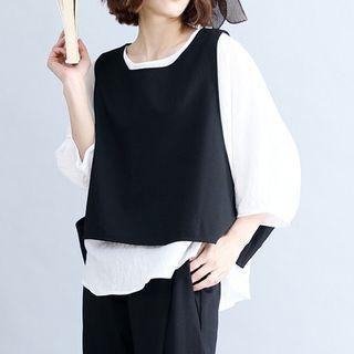 Set : Plain Elbow-sleeve T-shirt + Tank Top