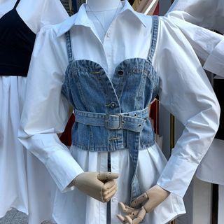 Set : Long-sleeve Plain Shirt + Denim Camisole Top