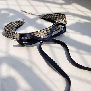 Flower Plaid Ribbon Fabric Choker Sapphire Blue - One Size