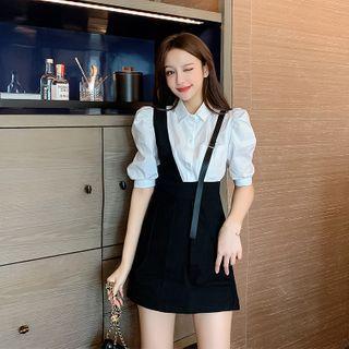 Set: Puff-sleeve Plain Blouse + Jumper Skirt